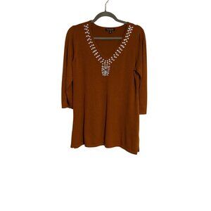 Iman Sweater Women's M Rust Rhinestone V-Neck Embellishment Casual Elegance